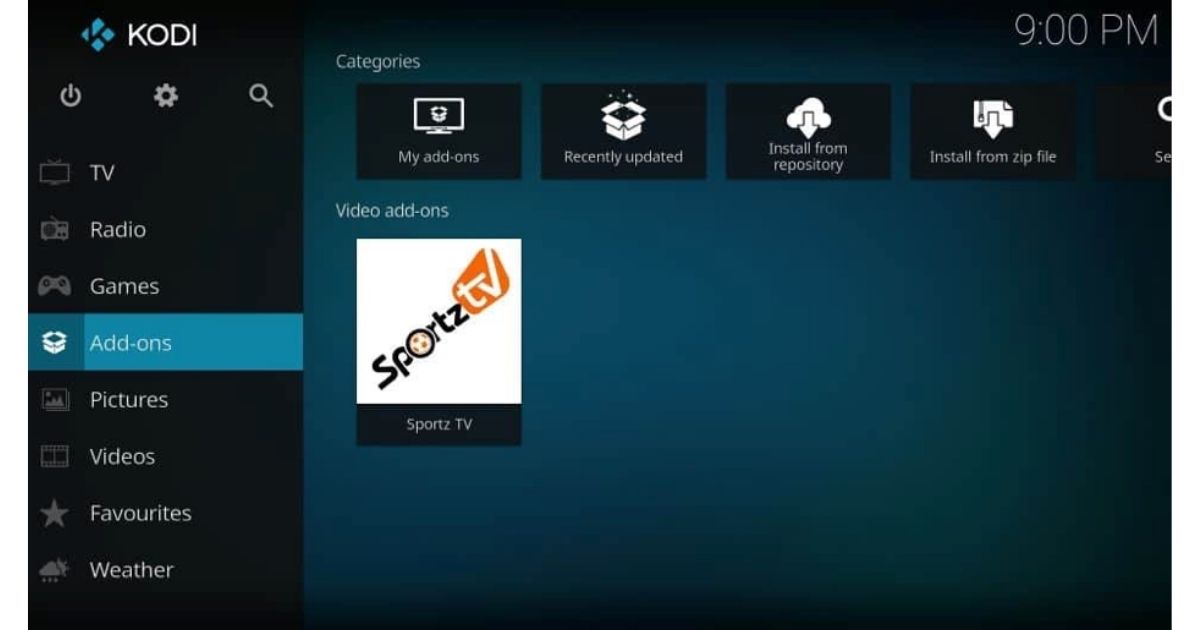 Step 23: Select Add-ons from the options and click on the Sportz TV.