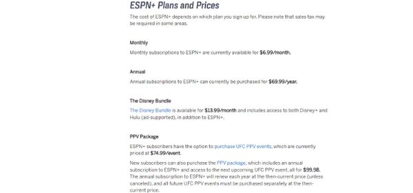 ESPN+ subscription plan and its prices