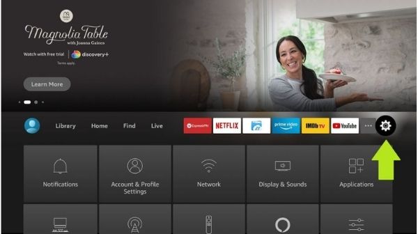 How to Download Live NetTV - Get back to the Firestick home screen, and click on the settings icon on the top right side of the menu.