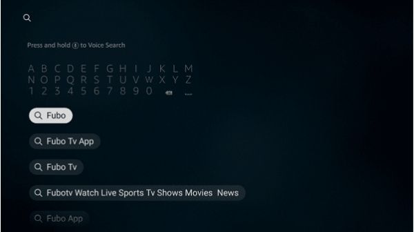 How to install FuboTV from Amazon Store - Type fubotv in the search tab and click fubotv from the dropdown options.