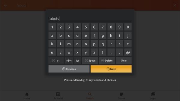 How to install fuboTV on Firestick - Type fuboTV in typing and box and continue with “Next.”