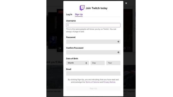 How to sign-up on Twitch app