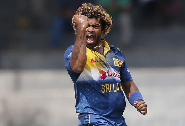 Sri Lankan bowler Lasith Malinga celebrating.