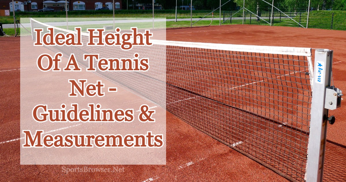 Tennis net with white lining in a clay court with the text of how tall is a tennis net.