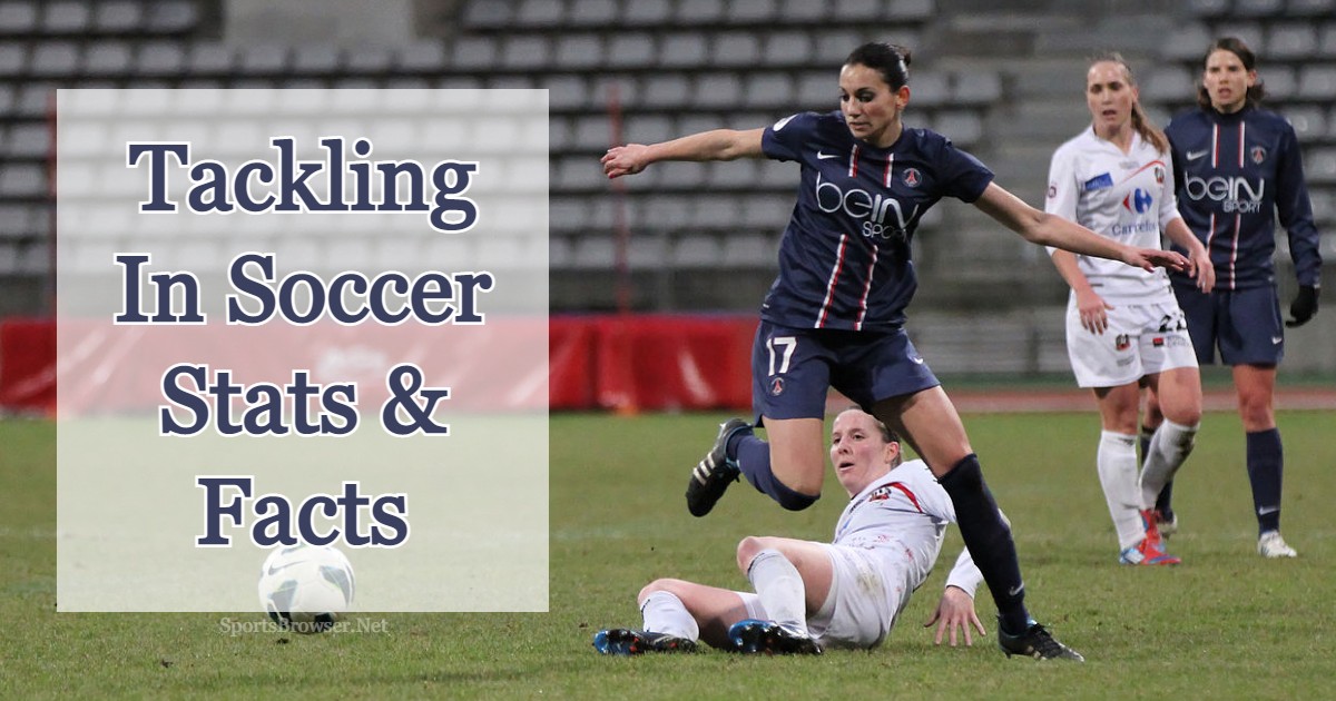 A female player of PSG dodging the tackle, with the text of what is tackling in soccer.