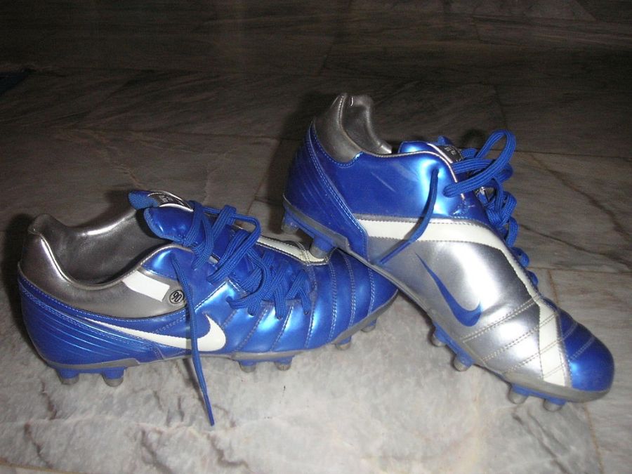 A pair of Blue and steel soccer cleats from Nike.