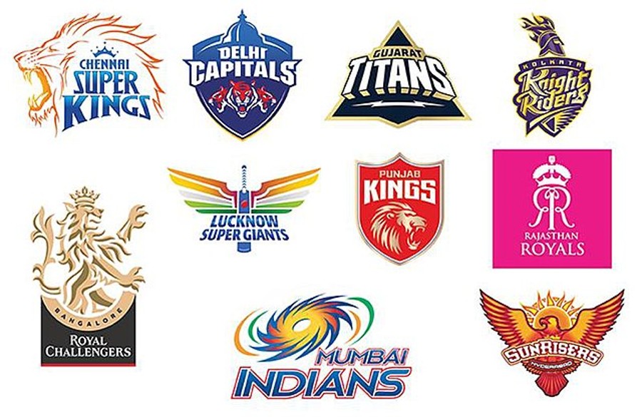 Nine logos of IPL franchise teams.