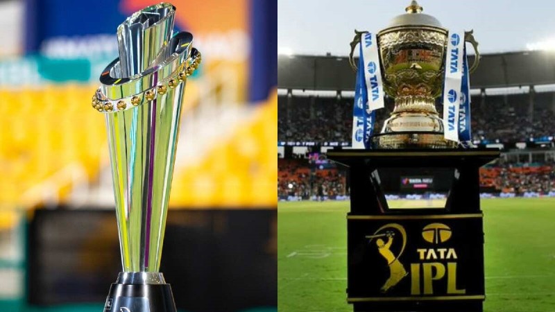 PSL trophy on the left and IPL trophy on the right.